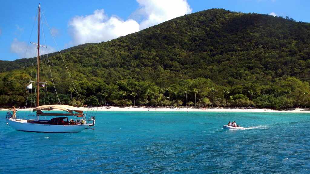 Sailboat on turquoise water at Trunk Bay, St. John, U.S. Virgin Islands