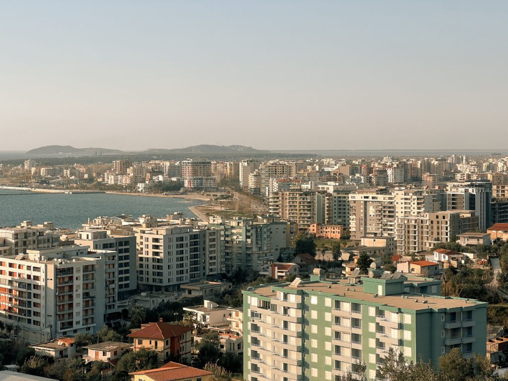 Coastal city skyline in Albania overlooking the Adriatic Sea