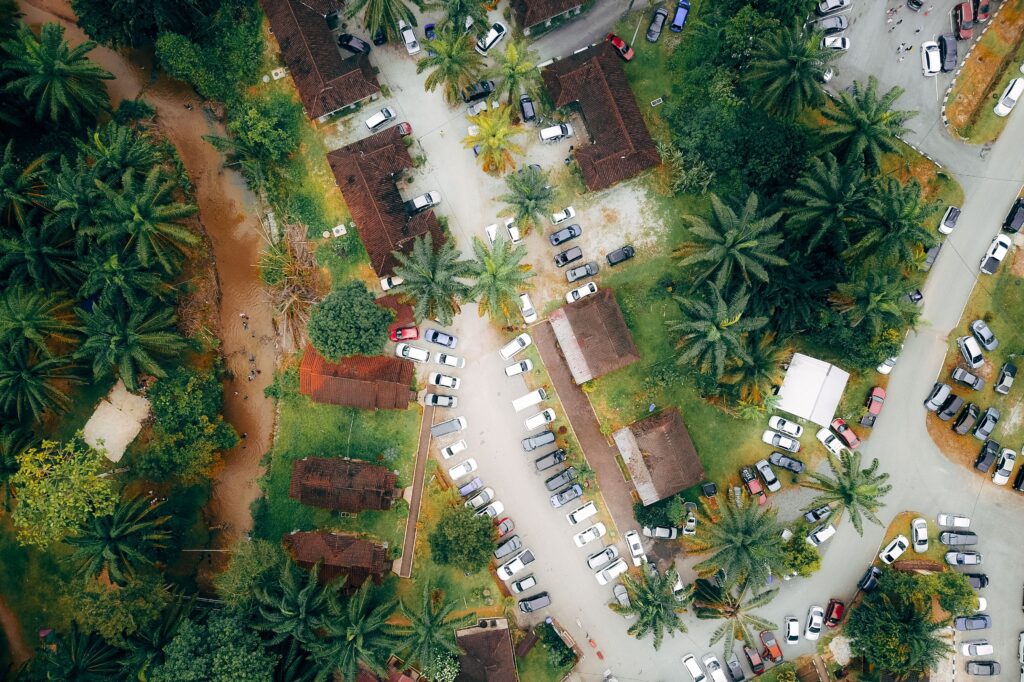 Aerial view of a tropical town with palm trees in Malaysia