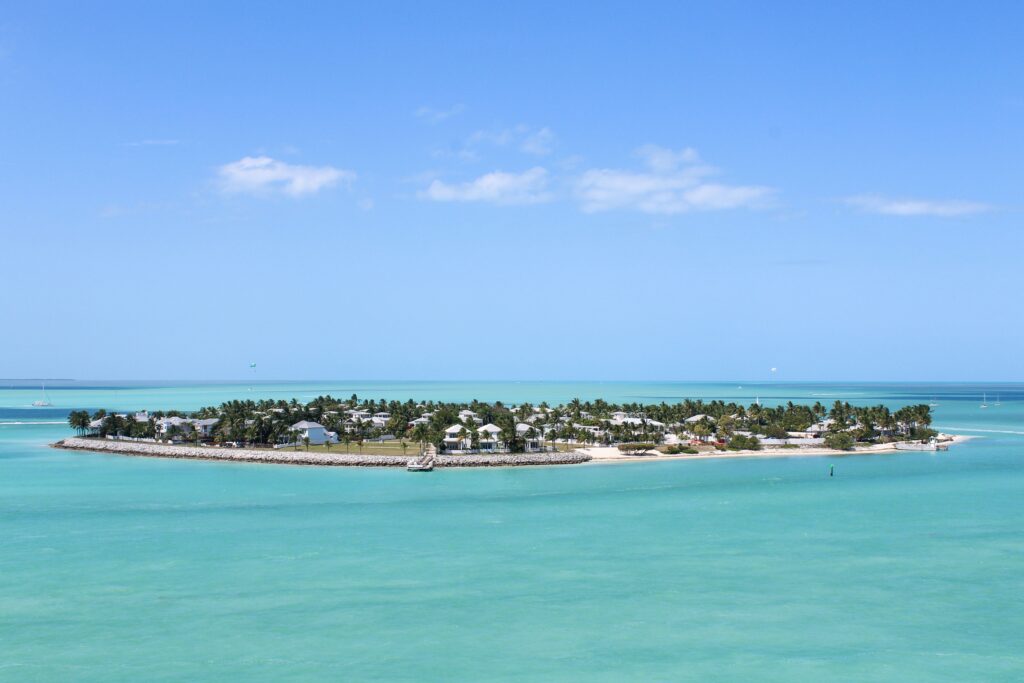 Aerial view of Little Palm Island Resort in the Florida Keys surrounded by turquoise water