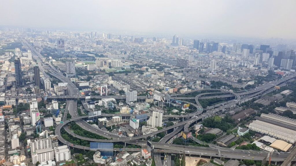 Aerial view of Bangkok showing residential districts, high-rise buildings and major roads where many expats live