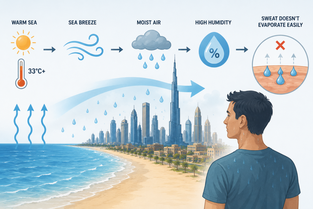 Infographic showing how warm sea water, sea breezes and humid air from the Arabian Gulf prevent sweat from evaporating, making Dubai's summer heat feel much hotter than the actual temperature.