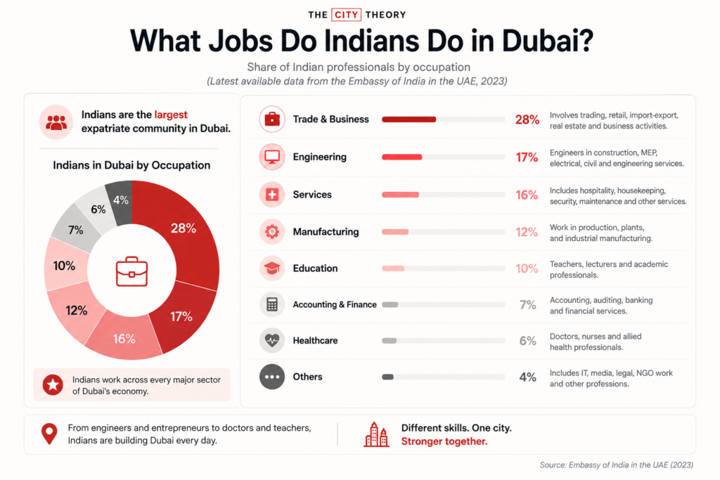 Infographic showing the main occupations of Indians working in Dubai across business, engineering, services, manufacturing, education, finance and healthcare.
