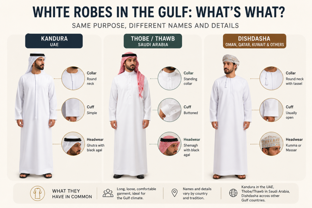 Infographic comparing the Emirati kandura, Saudi thobe, and Gulf dishdasha, showing the differences in collars, cuffs, headwear, and regional names.