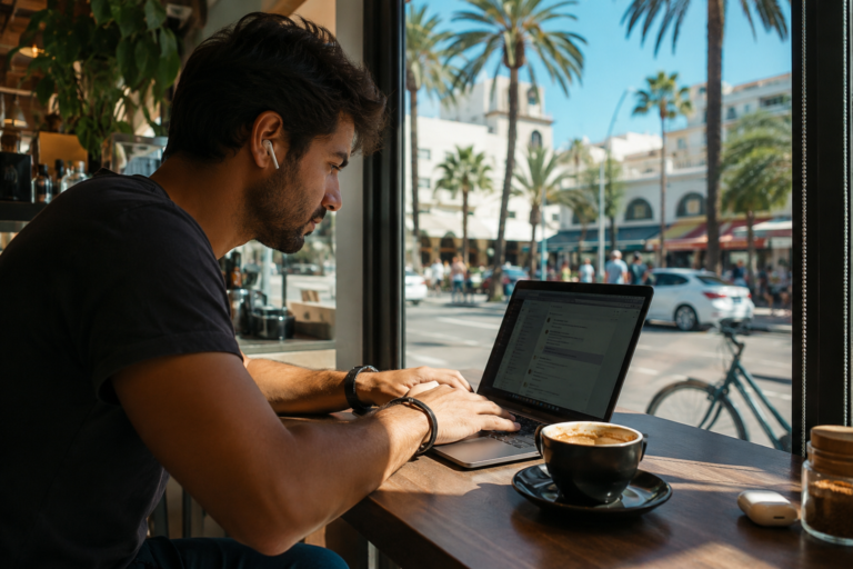 Remote fantasy chat operator working on a laptop from a coffee shop