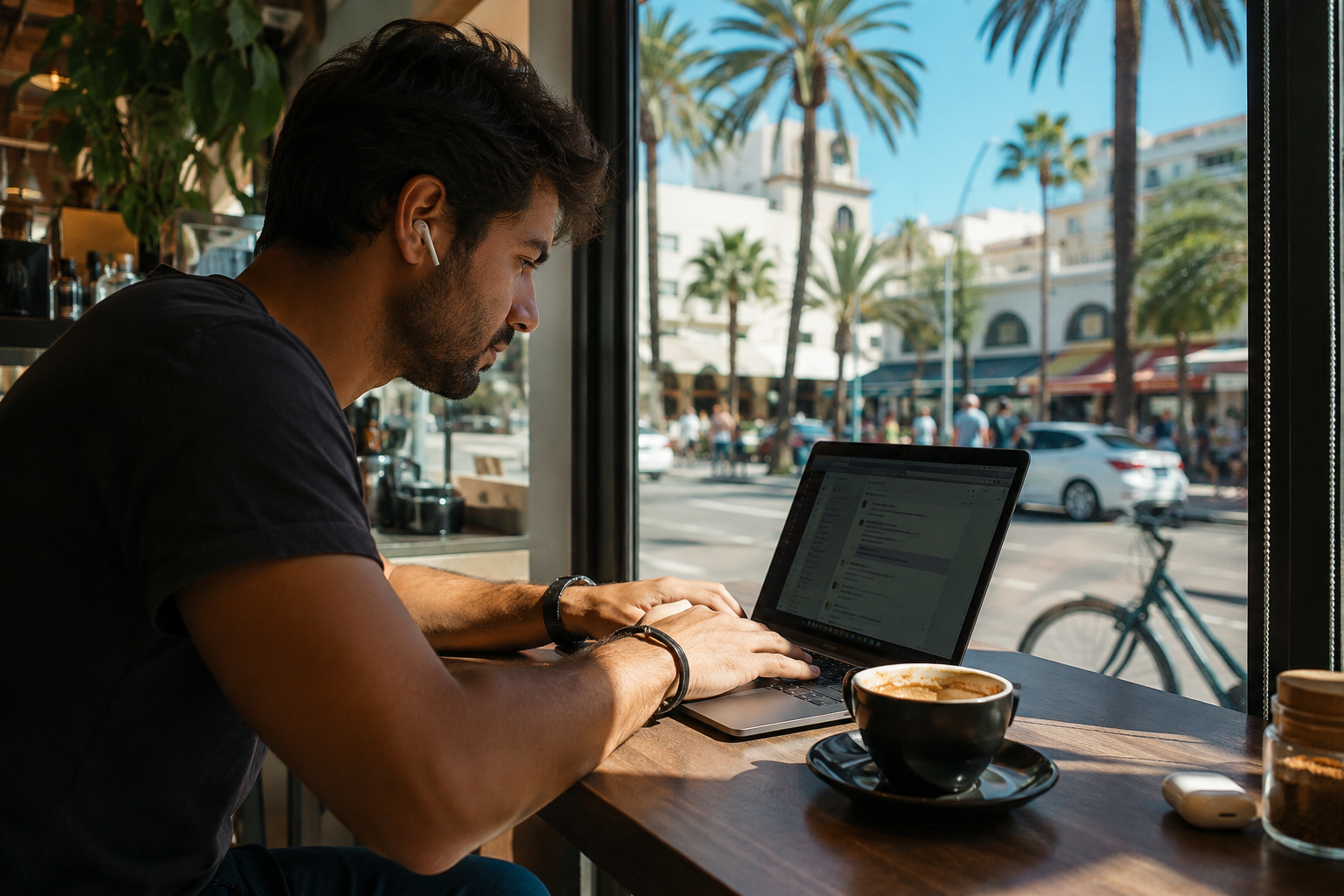 Remote fantasy chat operator working on a laptop from a coffee shop