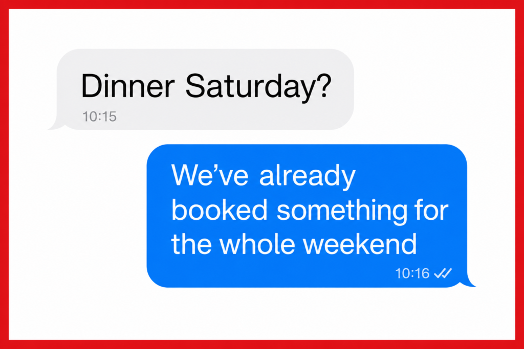 Text message conversation about not being invited to weekend plans