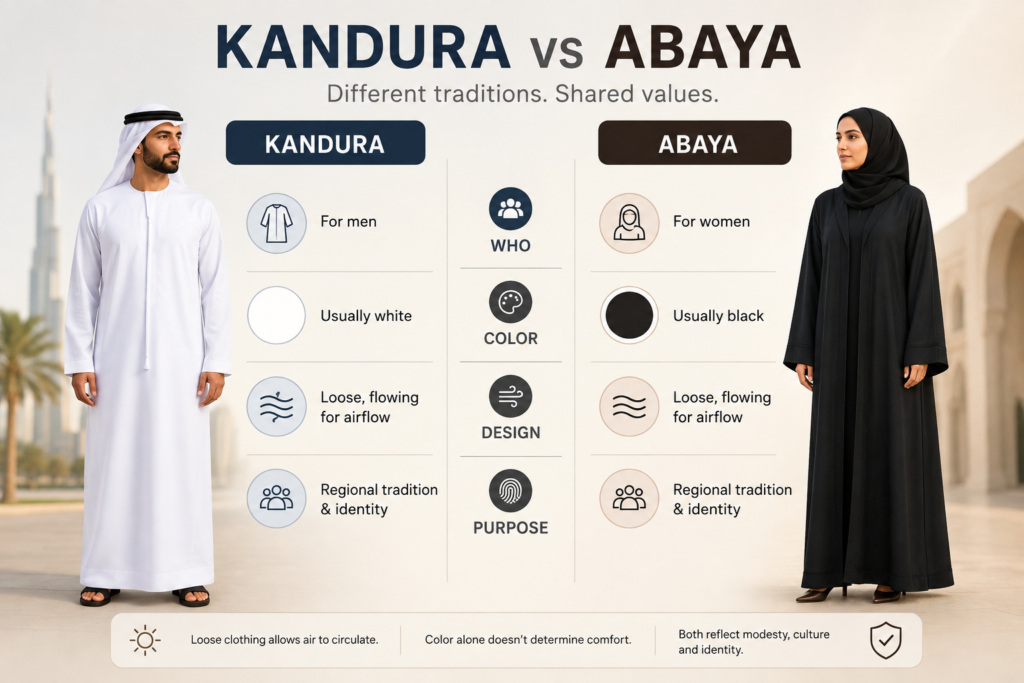 Infographic comparing a white Emirati kandura and a black abaya, showing the differences in traditional men's and women's clothing in the UAE.