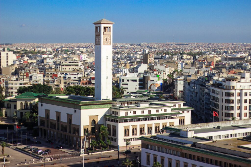 Cityscape of Casablanca with a mosque and clock tower, Morocco