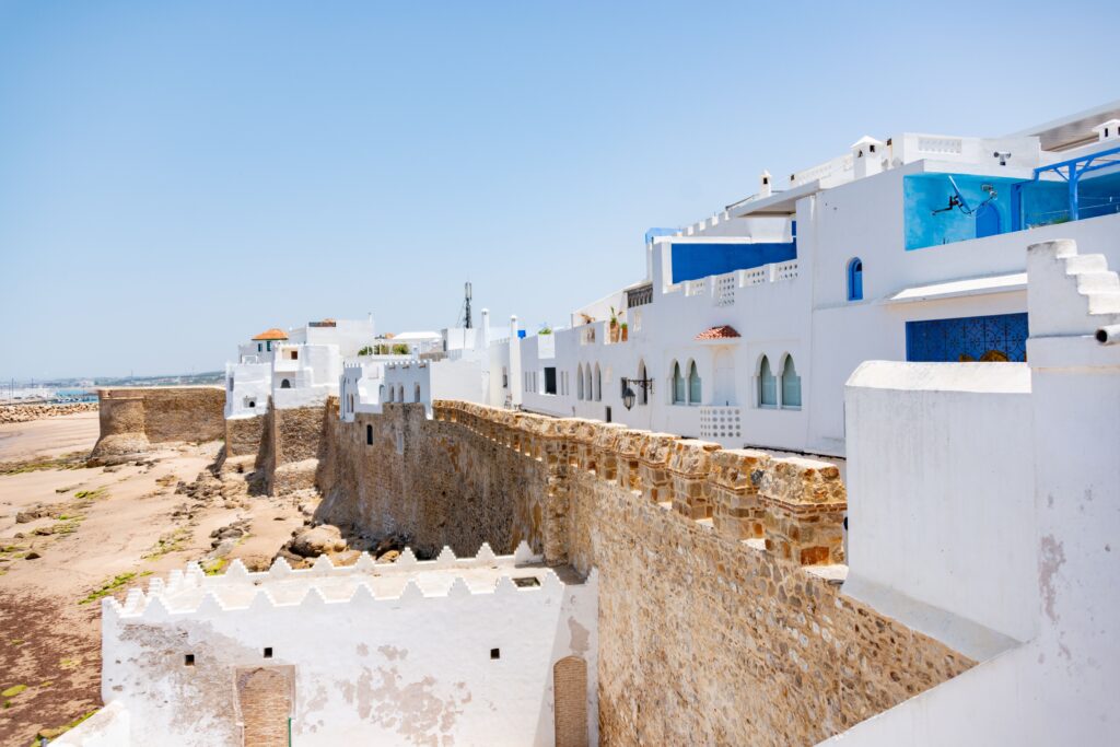 Whitewashed houses and historic city walls along the coast in Essaouira, Morocco