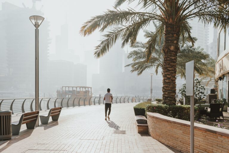 Dubai Marina promenade on a hot and hazy summer morning lined with palm trees and waterfront cafés in Dubai, UAE