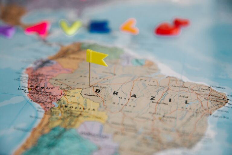 Map of South America with a yellow travel pin placed on Brazil