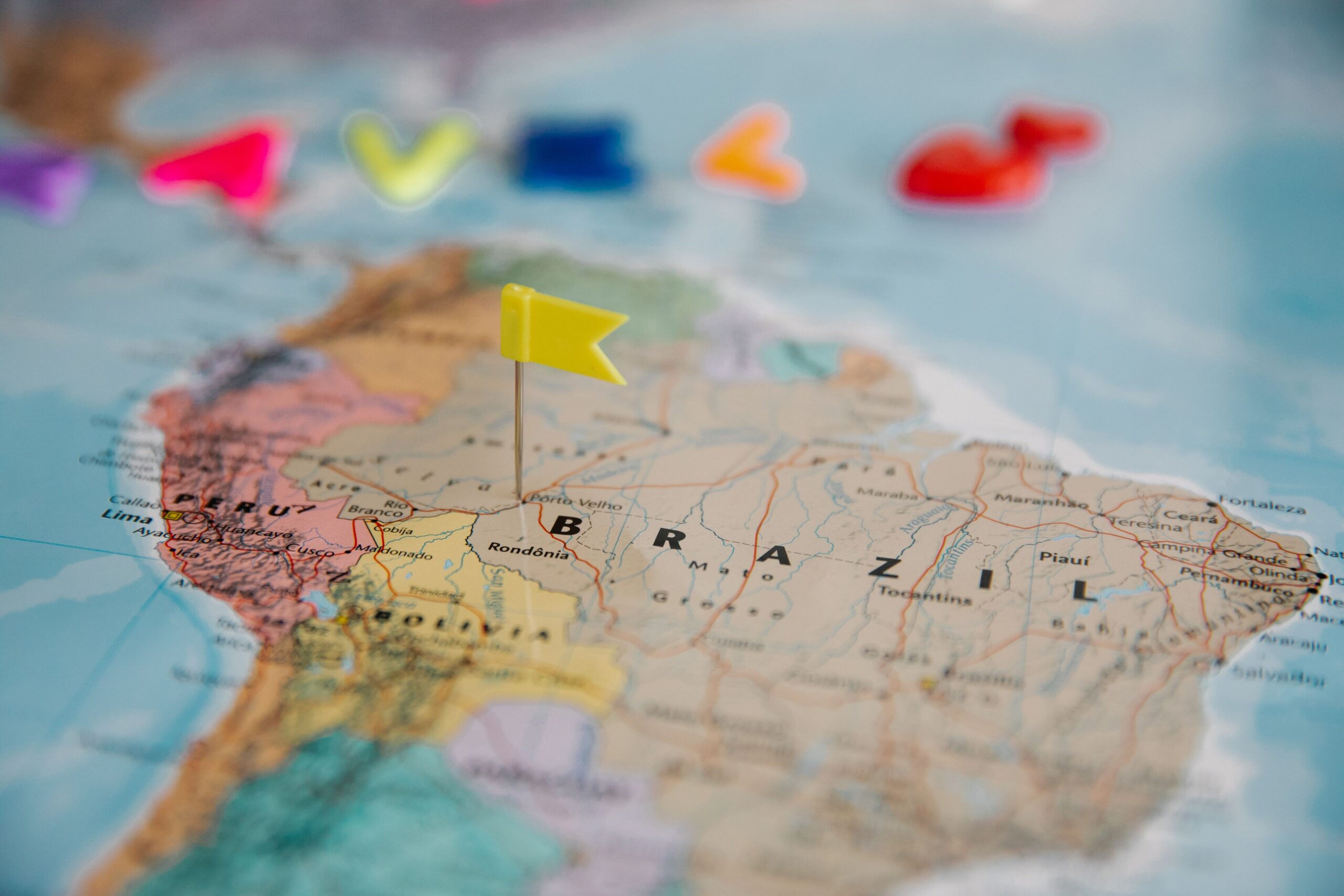 Map of South America with a yellow travel pin placed on Brazil