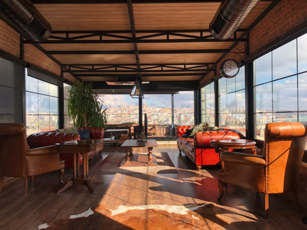 Work-friendly café interior with Istanbul city views for remote workers