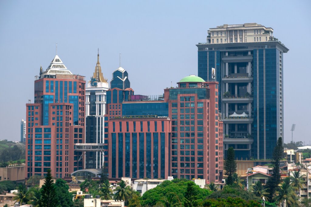 Modern office buildings in Bangalore, India, one of the country's leading hubs for digital nomads and remote workers.