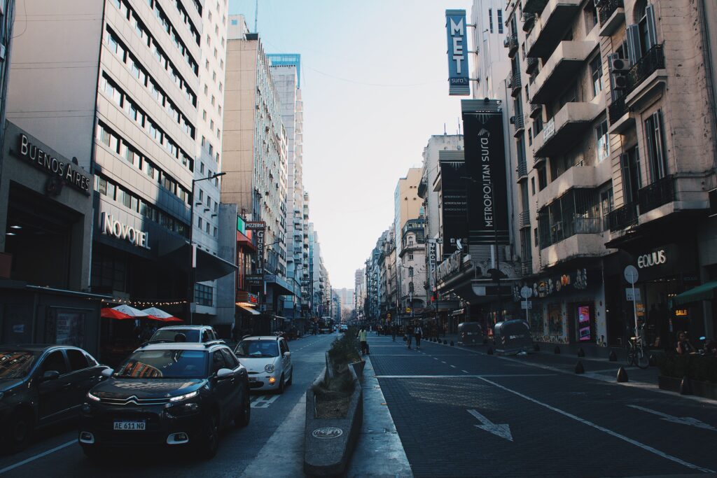 Street in Buenos Aires, Argentina, with cars, hotels and high-rise buildings in the city center