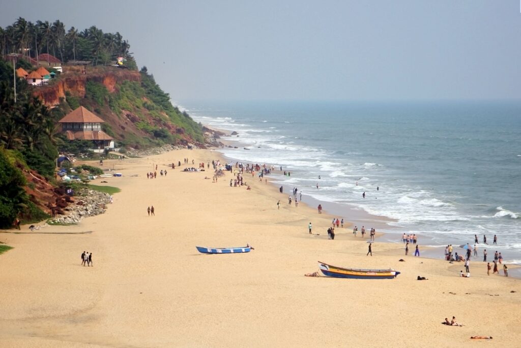 Varkala Beach in Kerala, India, with cliffs overlooking the Arabian Sea.