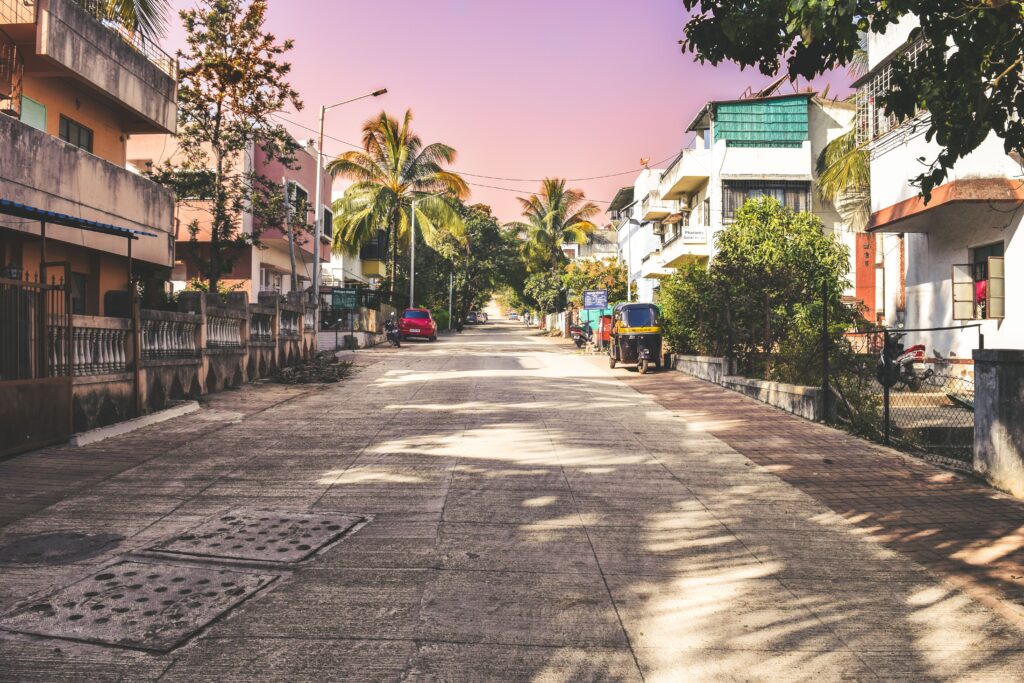 Quiet residential street in Pune, India, a popular city for remote workers and digital nomads.