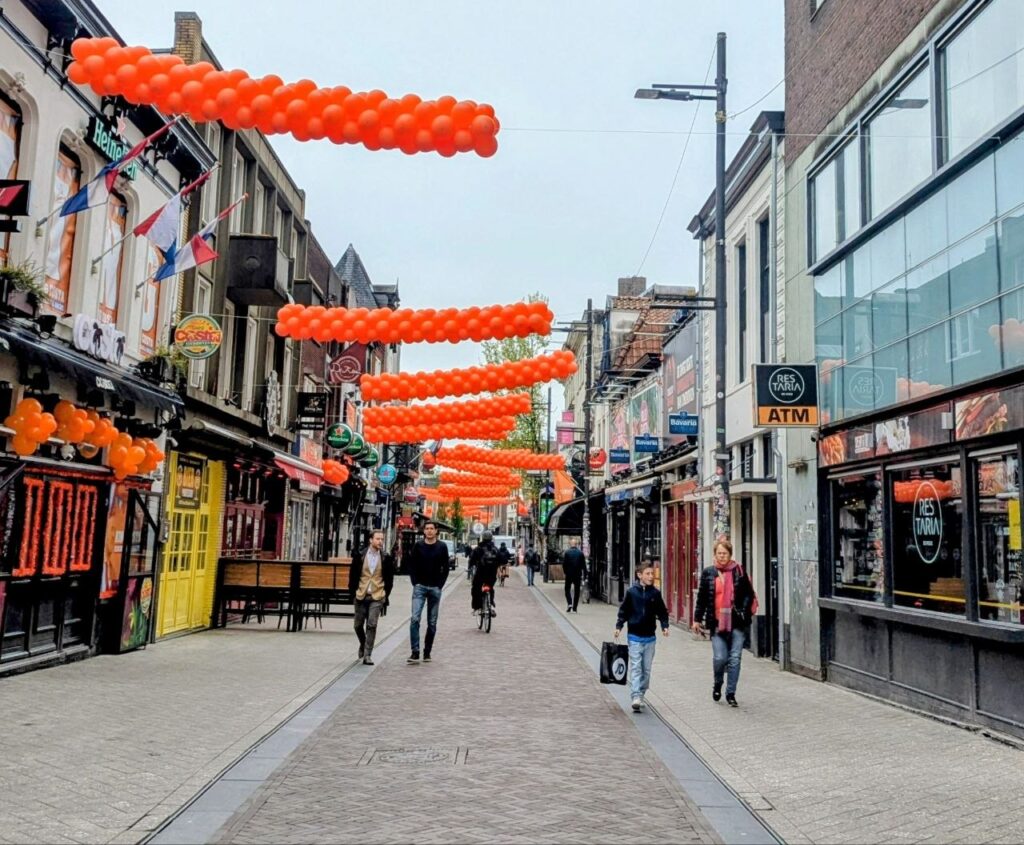 Walking street in the Netherlands decorated for King's Day celebrations