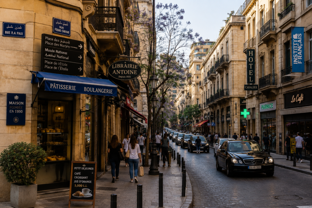 Street in central Beirut featuring French-language signs, bakery storefronts, cafés and bilingual Arabic-French street signs illustrating the city's francophone character.