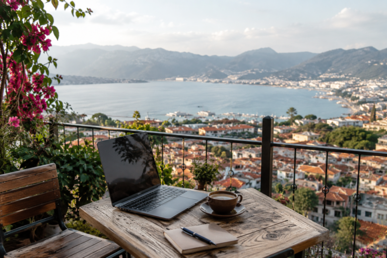 Laptop on a terrace overlooking a coastal city for digital nomads in September