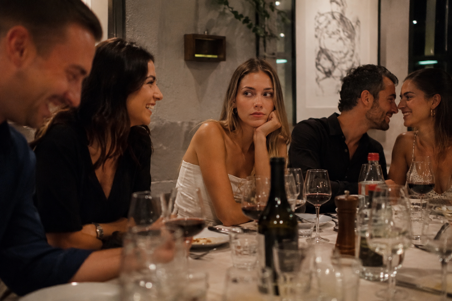 Single woman feeling uncomfortable while sitting at a dinner table surrounded by couples