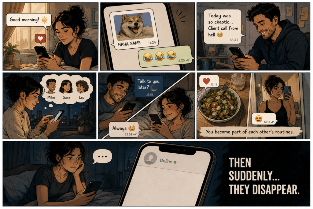 Comic-style infographic showing daily texting, flirting, sharing routines, and then sudden ghosting in modern dating.