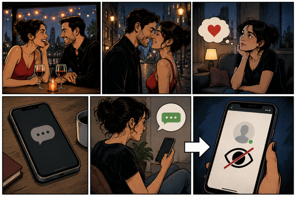 Comic-style infographic showing a successful first date followed by ghosting, unanswered messages, and emotional silence after dating.