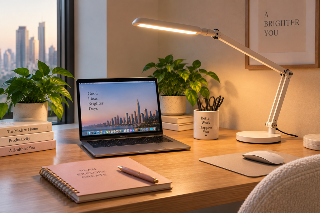 Adjustable desk lamp for a home office workspace