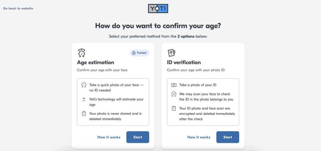 Adult FriendFinder age verification screen with Yoti age estimation and ID verification options