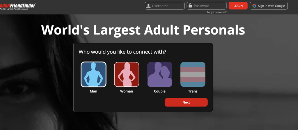 Adult FriendFinder review screenshot showing registration and connection preferences