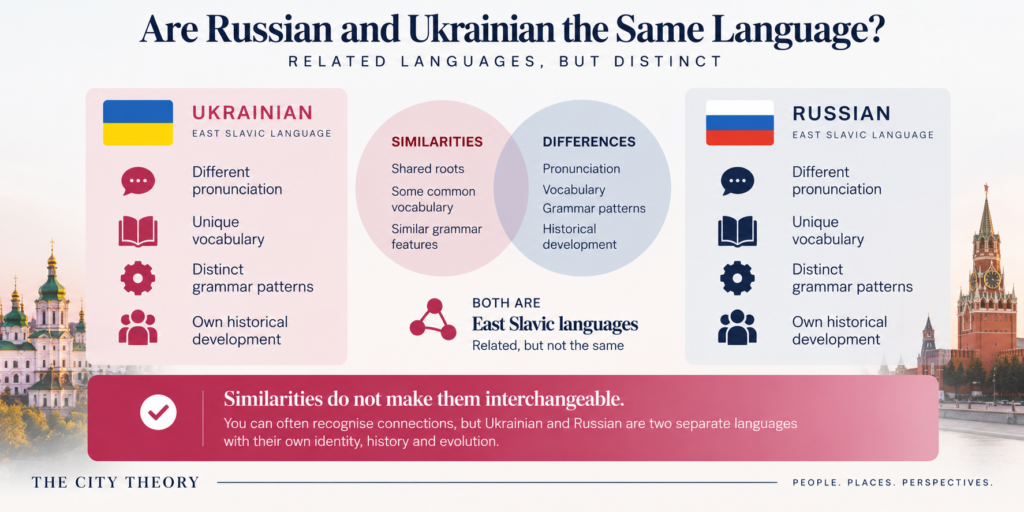 Infographic comparing Ukrainian and Russian languages and their similarities and differences