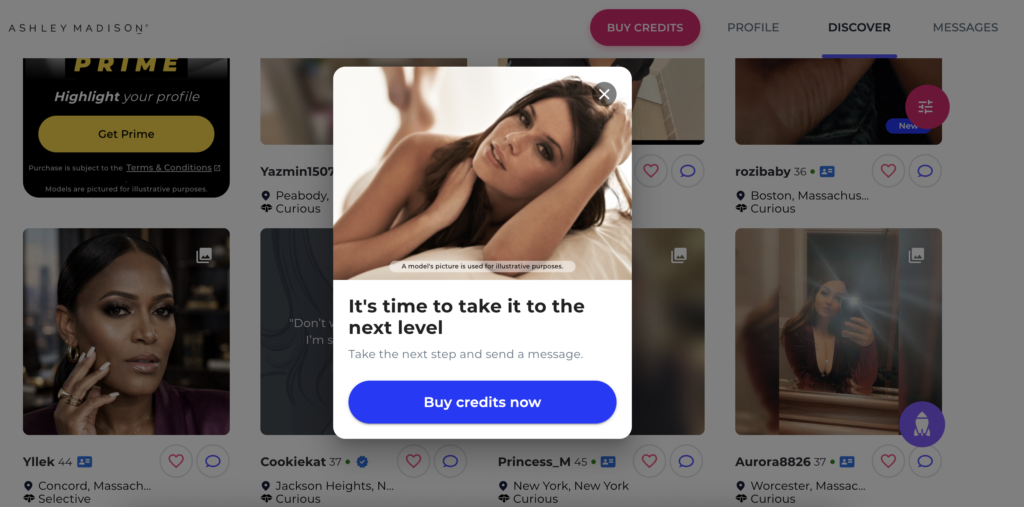 Ashley Madison review screenshot showing Credits required to send a message