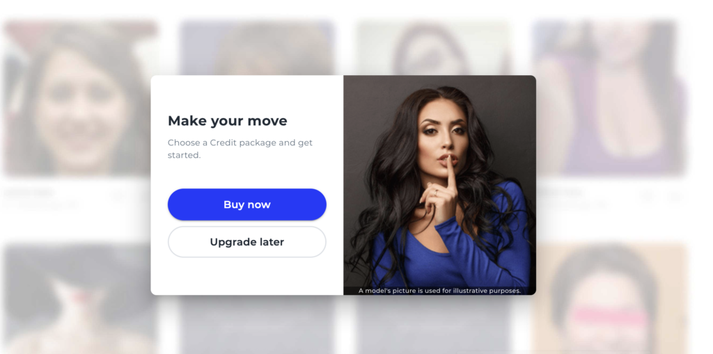 Ashley Madison Credit package screen with Buy Now and Upgrade Later options