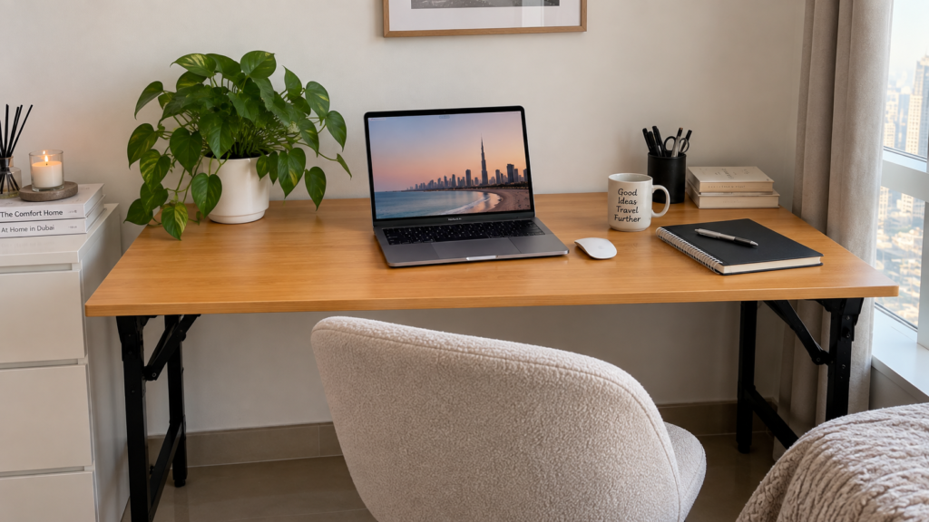 Compact folding desk home office setup in a small apartment