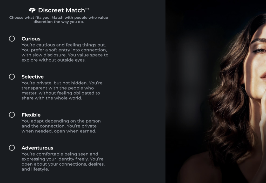 Ashley Madison Discreet Match showing Curious, Selective, Flexible and Adventurous privacy options