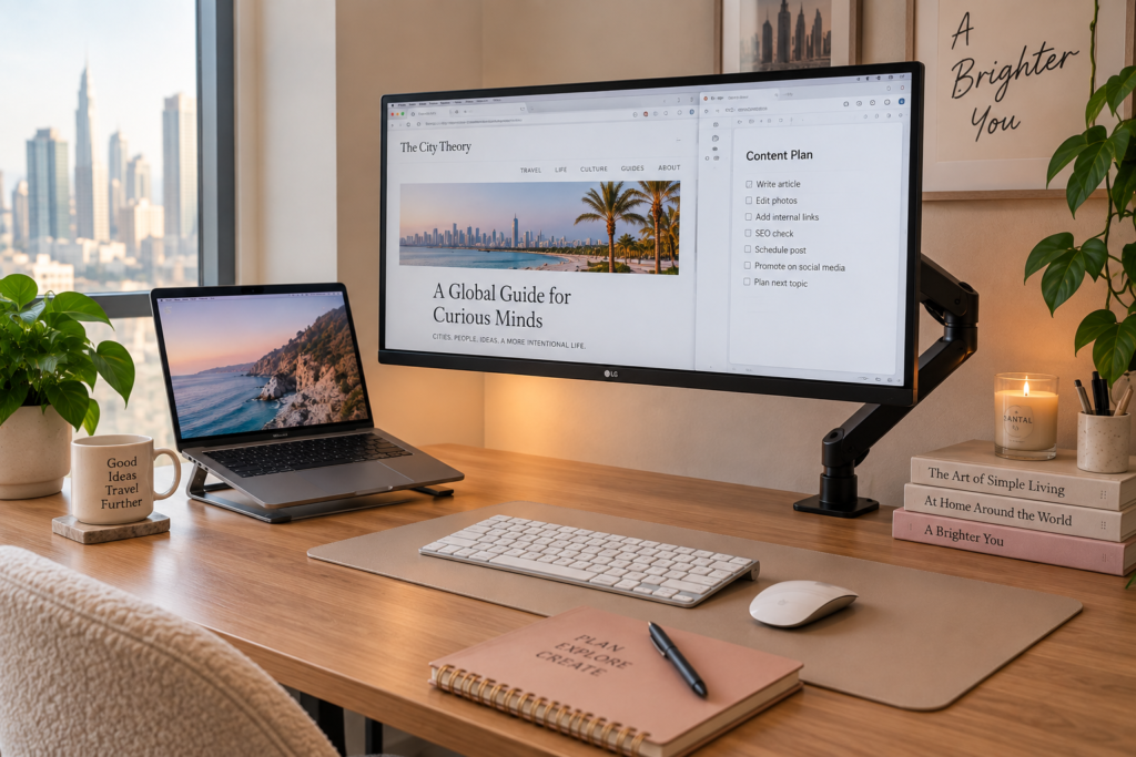 External monitor with monitor arm for a home office setup