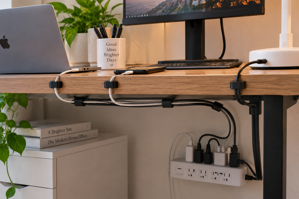 Cable management setup for a small home office desk