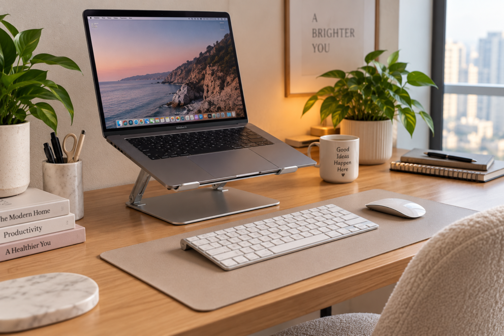 Laptop stand with external keyboard and mouse for an ergonomic home office