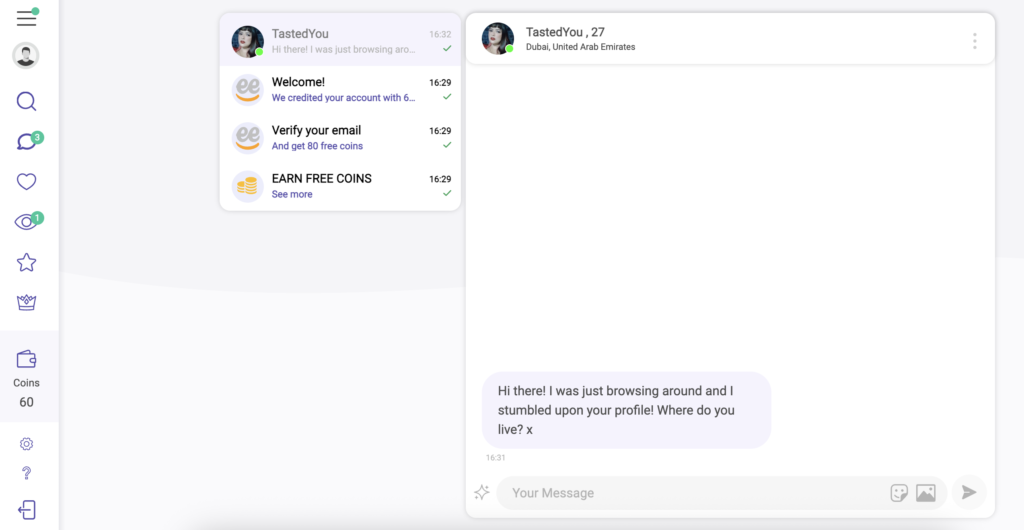 Seek Dating review screenshot showing first message received two minutes after signup