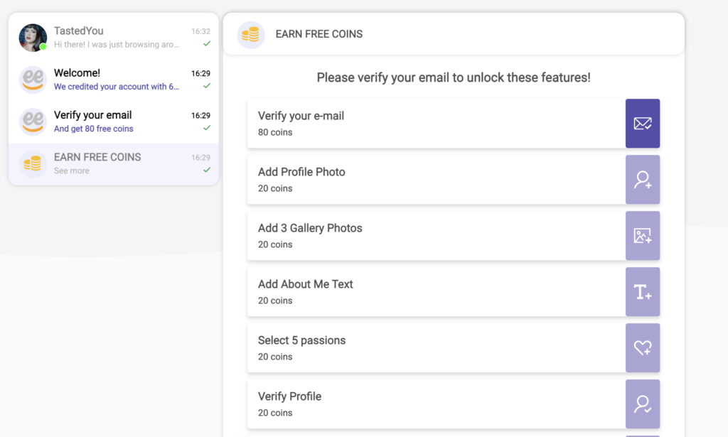 Seek Dating coin system showing free coins for email verification and profile completion