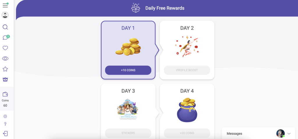 Seek Dating Daily Free Rewards showing free coins, profile boost and other rewards