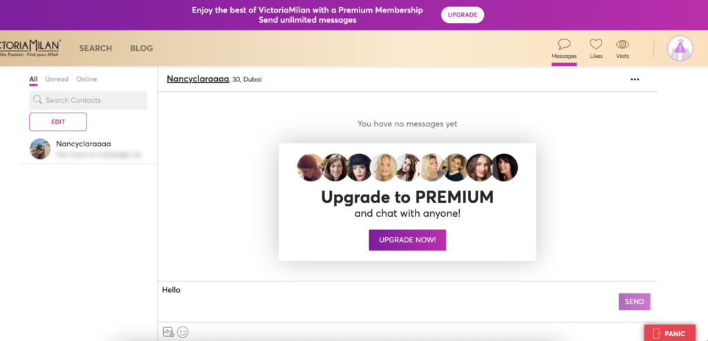 Victoria Milan review screenshot showing Premium upgrade required to send messages