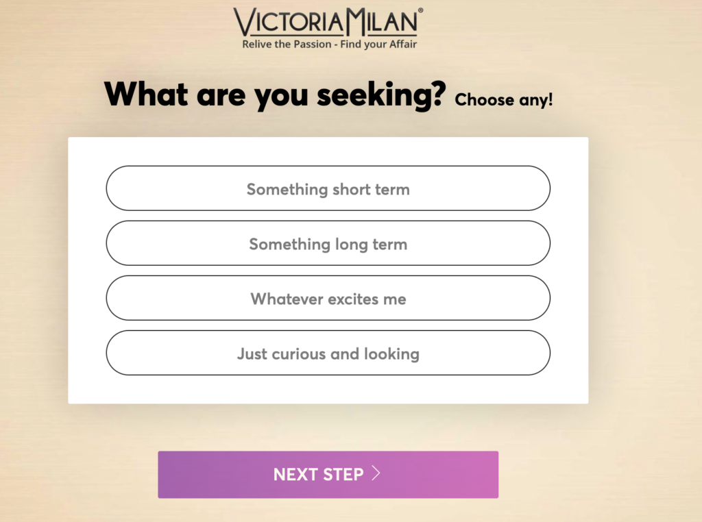 Victoria Milan review screenshot showing relationship preferences during registration