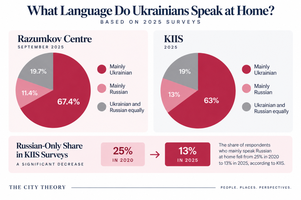 2025 survey infographic showing languages Ukrainians speak at home