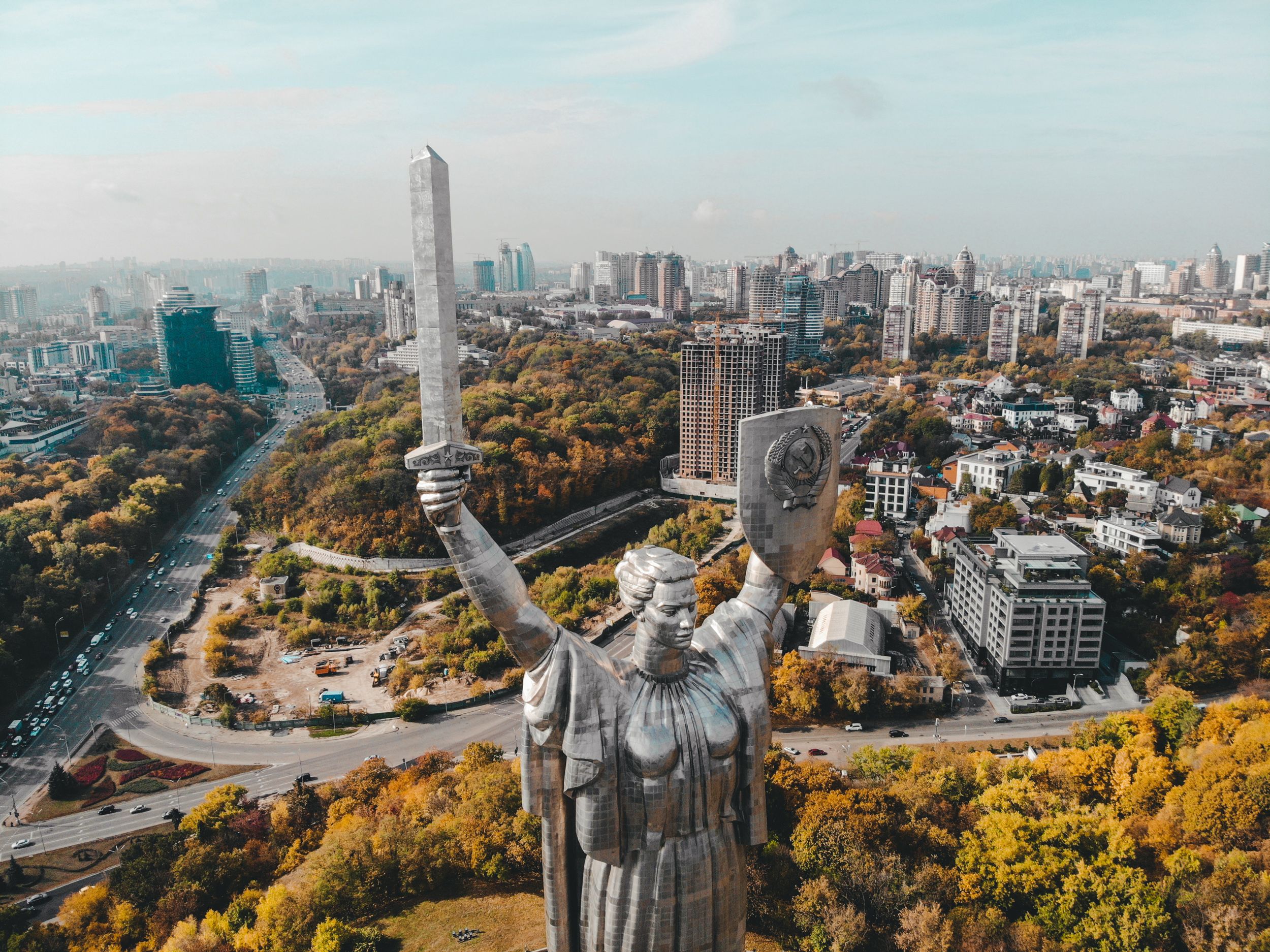 Aerial view of Kyiv with the Motherland Monument in Ukraine