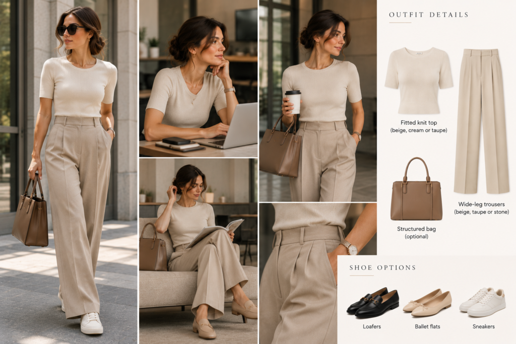 Beige wide-leg trousers with a fitted knit top for a women’s business casual job interview