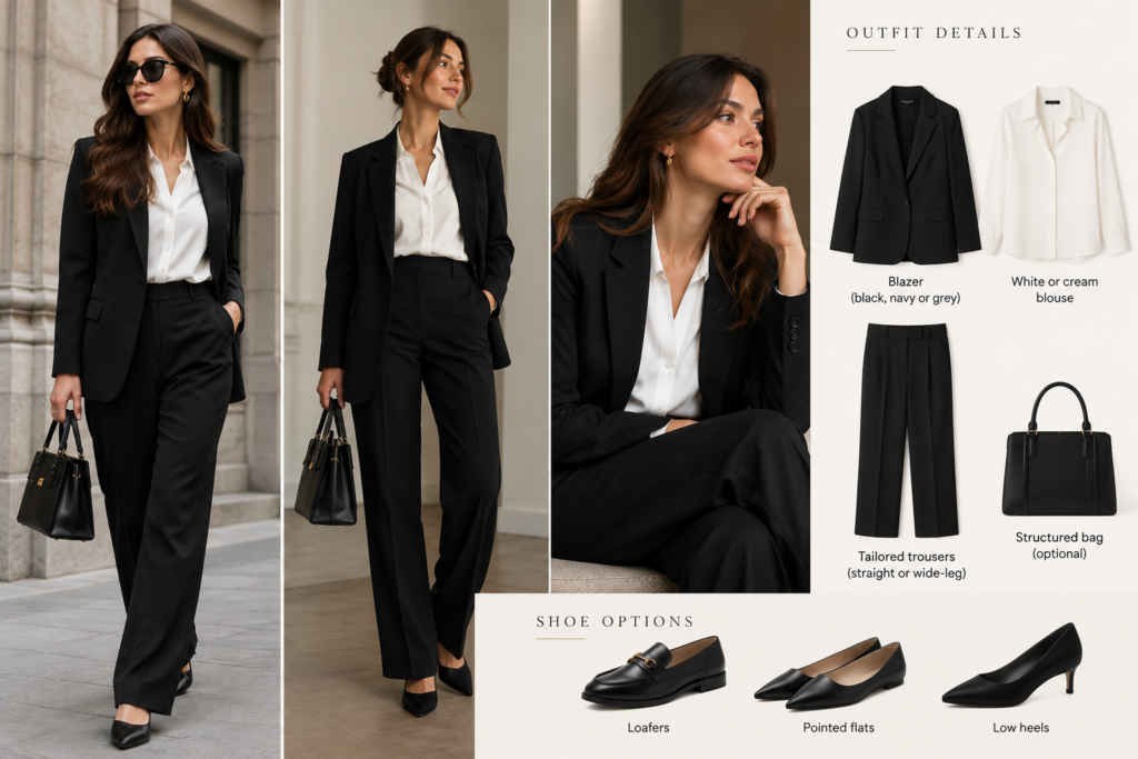 Black tailored trousers, white blouse and blazer job interview outfit for women