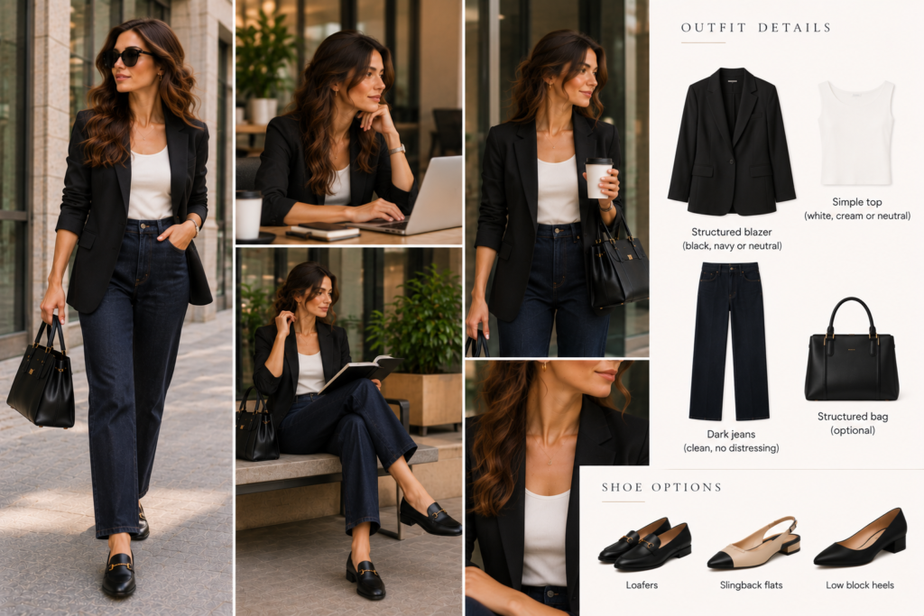 Dark jeans with a black blazer and loafers for a casual women’s job interview