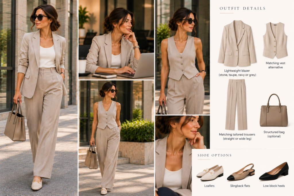 Matching lightweight beige separates with flats for a women’s summer job interview